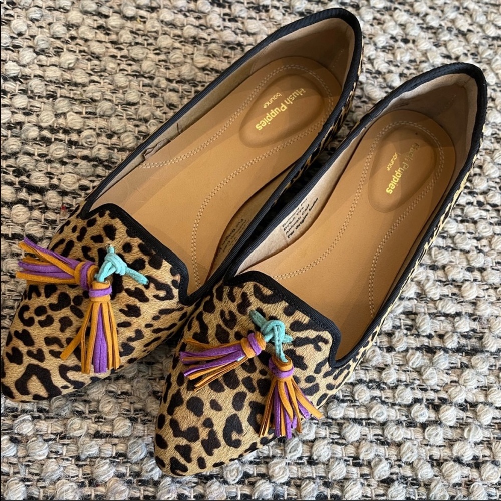 Hush Puppies Leopard Calf Hair Flats~ Sadie Tassel slip ons 8.5